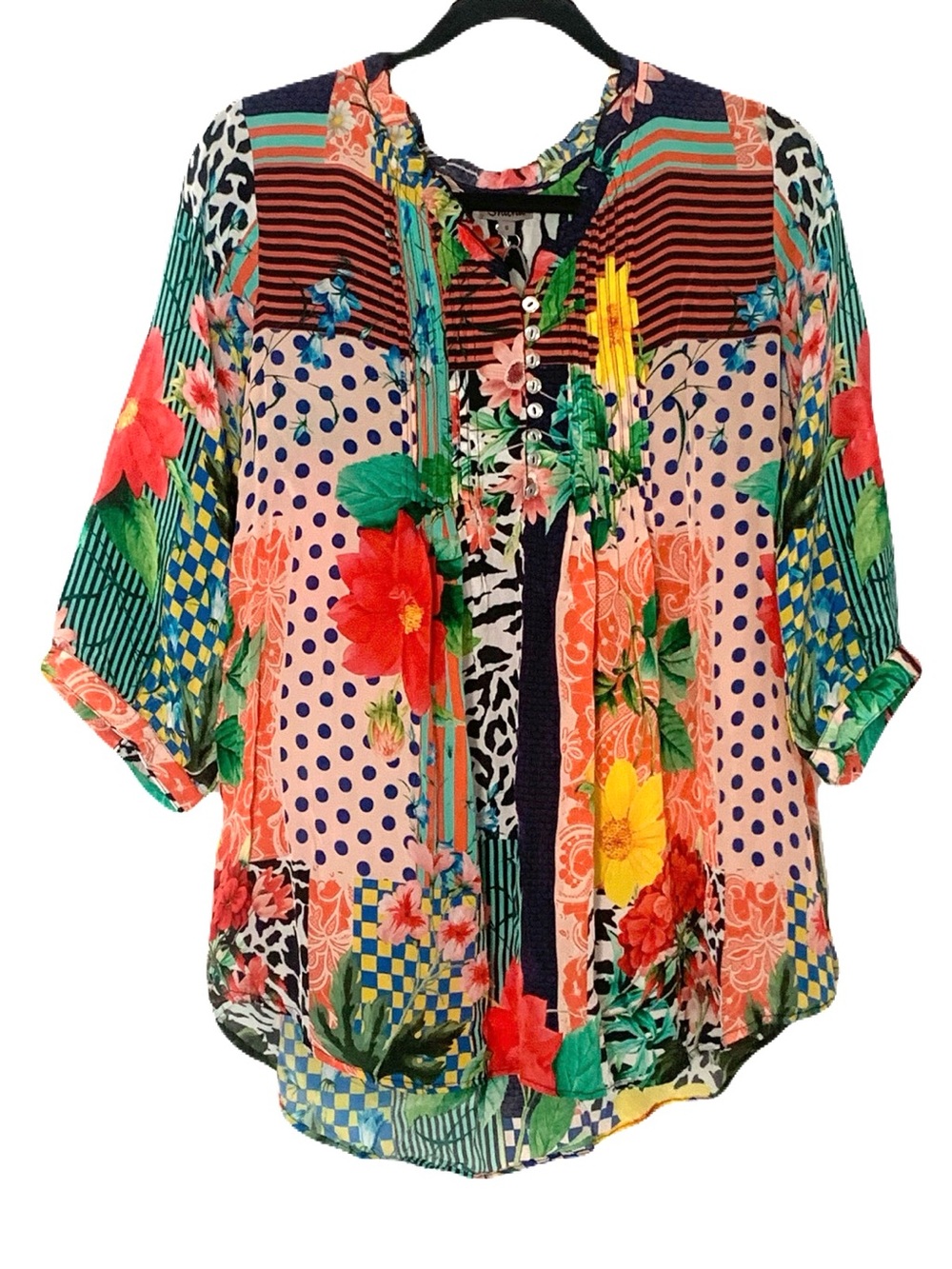 NEW Shana Small Multicolor Mixed Print Floral Zebra Striped Hi-Low Button Blouse